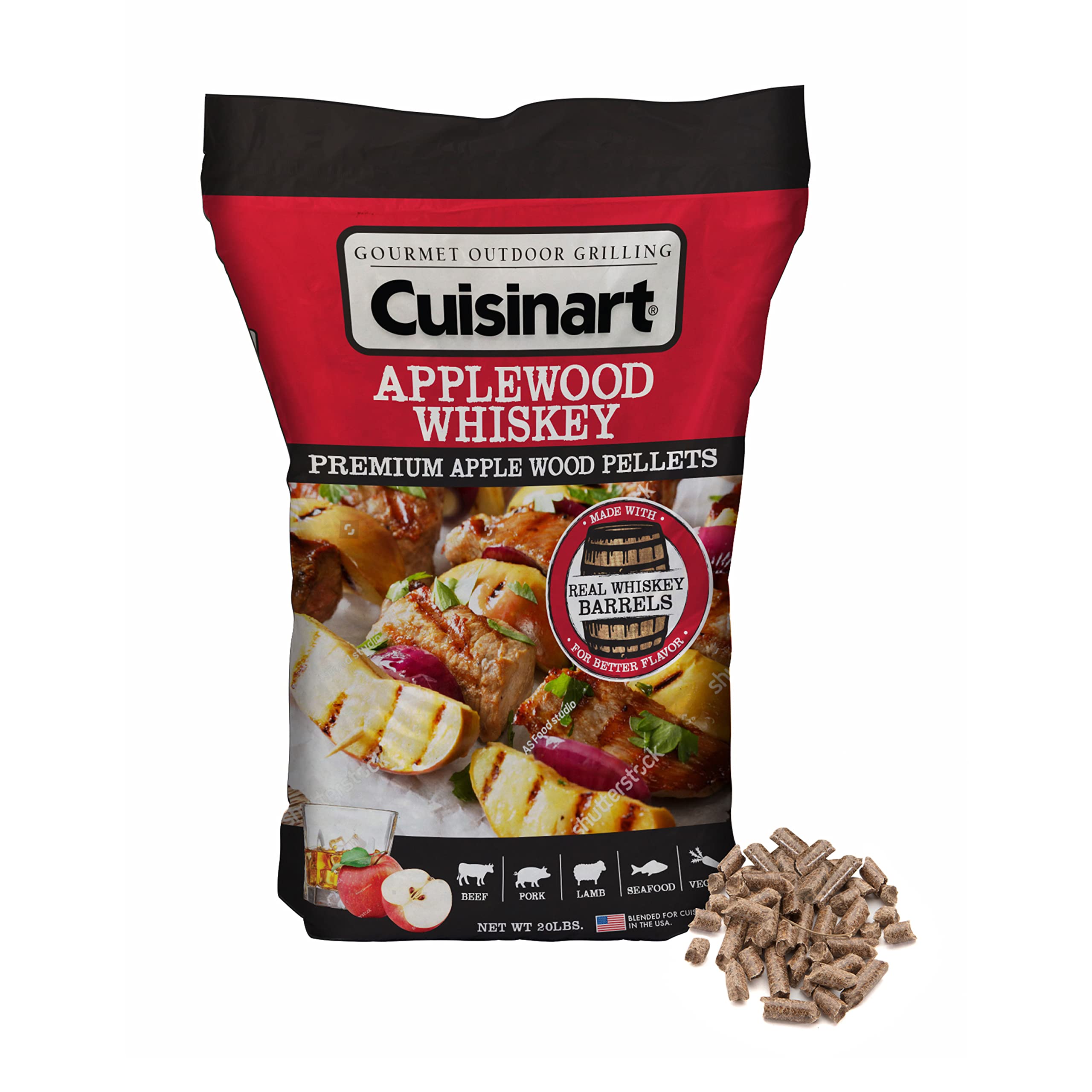 Cuisinart Premium Applewood Whiskey Pellets bag on display for rich, balanced grilling flavor.