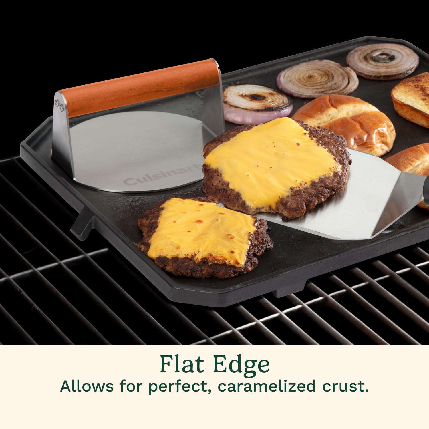 Cuisinart Smash Burger Press in use on a griddle for restaurant-quality results.