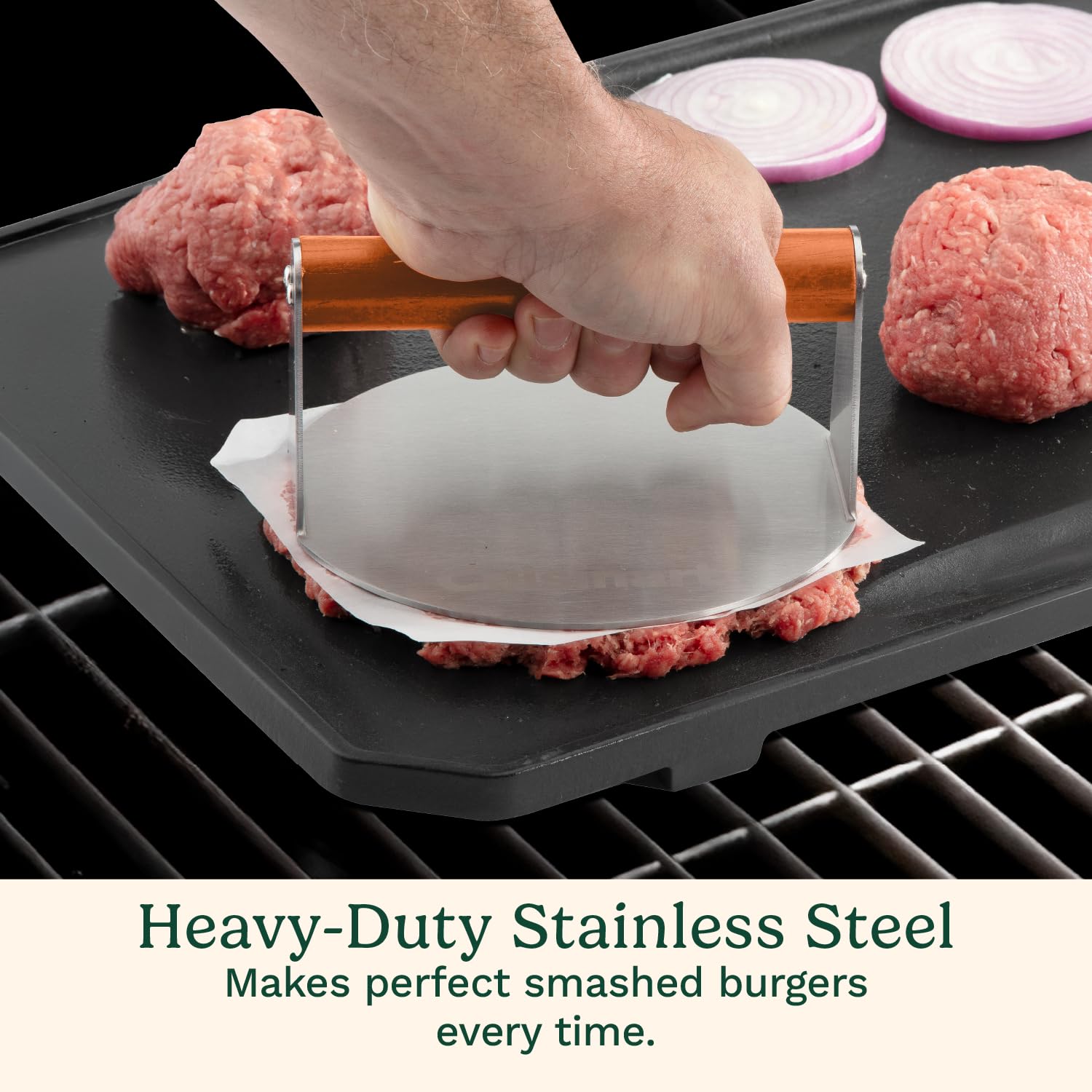 Cuisinart Smash Burger Press stainless steel body highlighting sturdy, even-pressure performance.