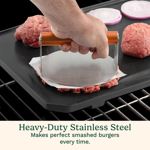 Cuisinart Smash Burger Press stainless steel body highlighting sturdy, even-pressure performance.