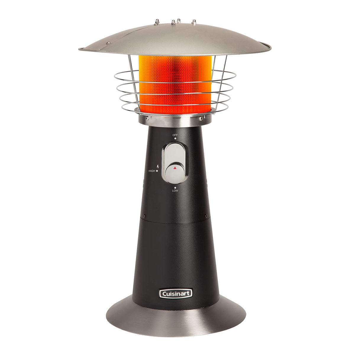 Cuisinart tabletop heater on table delivers instant outdoor warmth for seating areas.