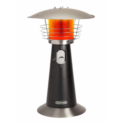 Cuisinart tabletop heater on table delivers instant outdoor warmth for seating areas.