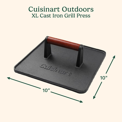 Cuisinart XL grill press handle closeup highlights cool wooden grip