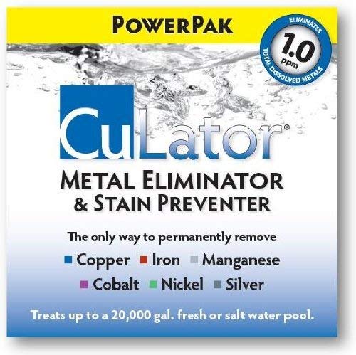 CuLator PowerPak 1.0 inserted into a pool skimmer for metal control.