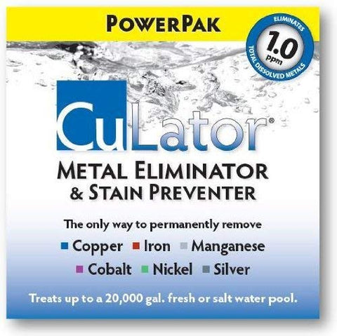 CuLator PowerPak 1.0 inserted into a pool skimmer for metal control.