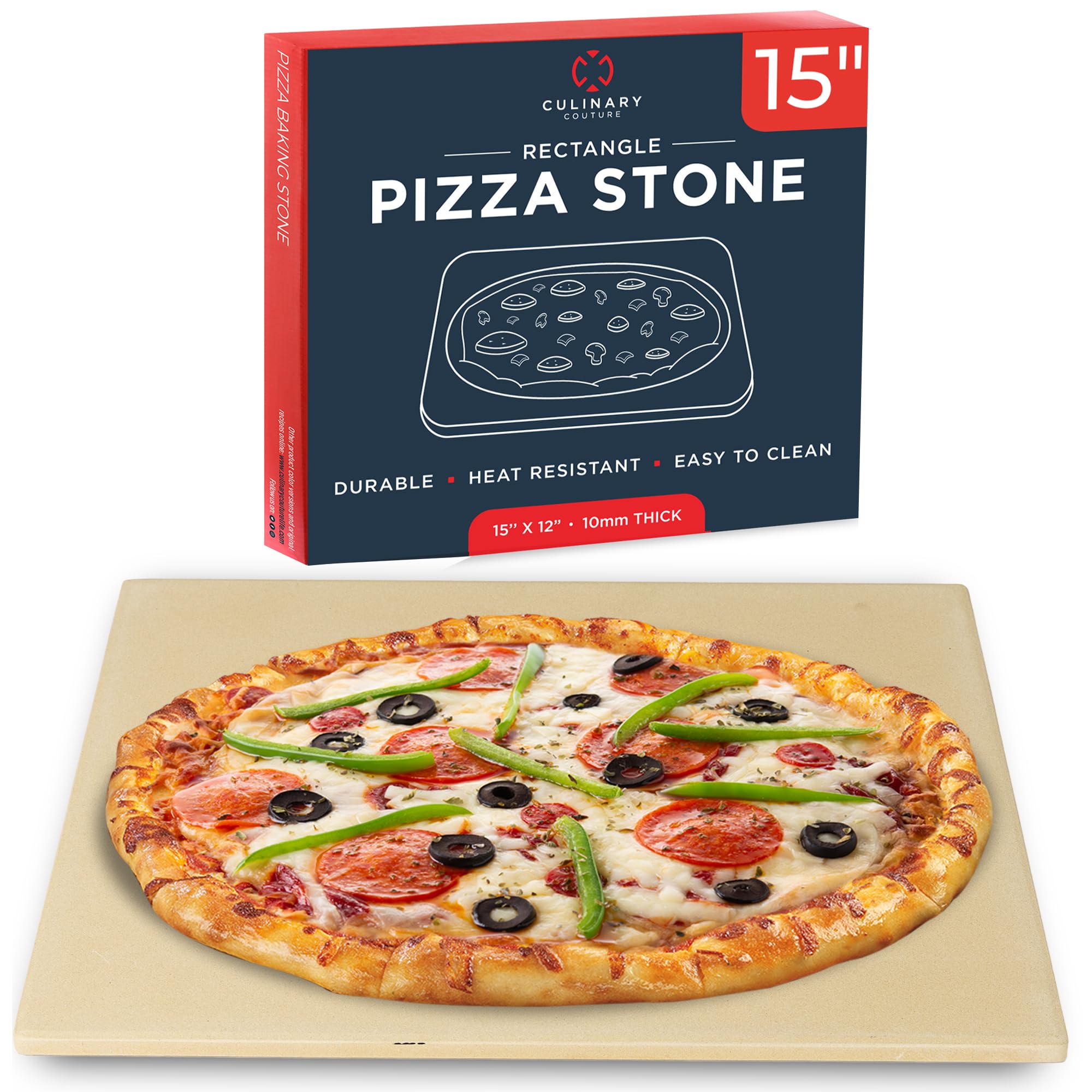 Culinary Couture large pizza stone in the oven delivering evenly cooked rectangular pizzas.