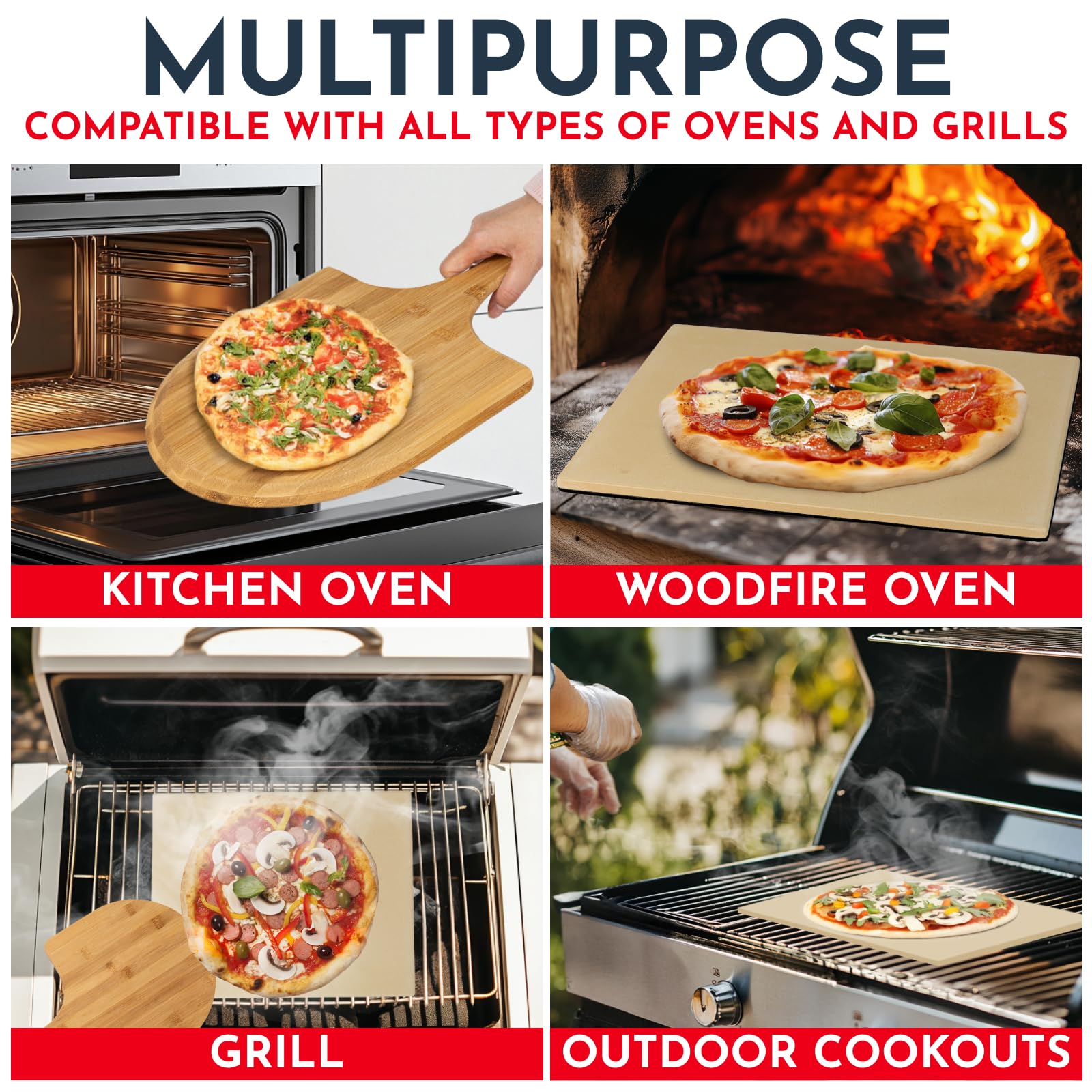Three-piece Culinary Couture pizza stone set on the counter, ready for grilling or baking.