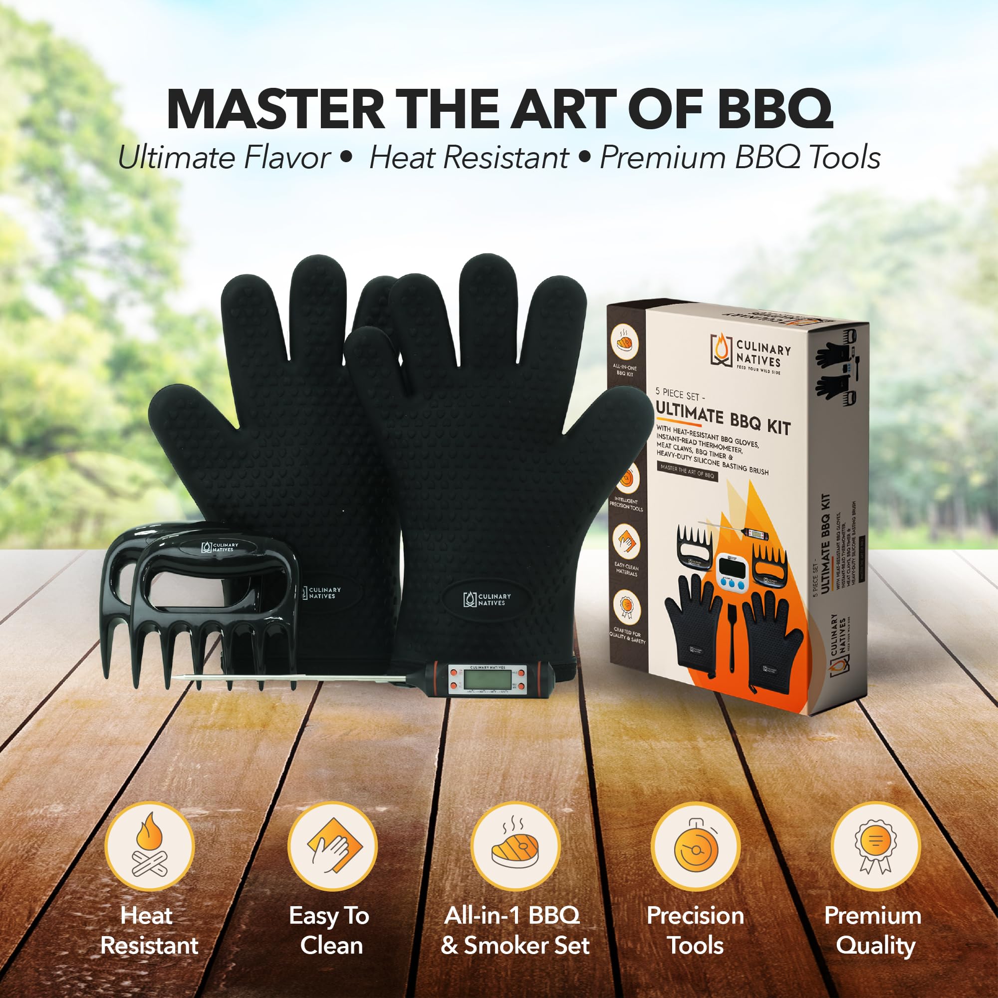 CULINARY NATIVES barbecue gloves shown, dishwasher‑safe for easy cleanup