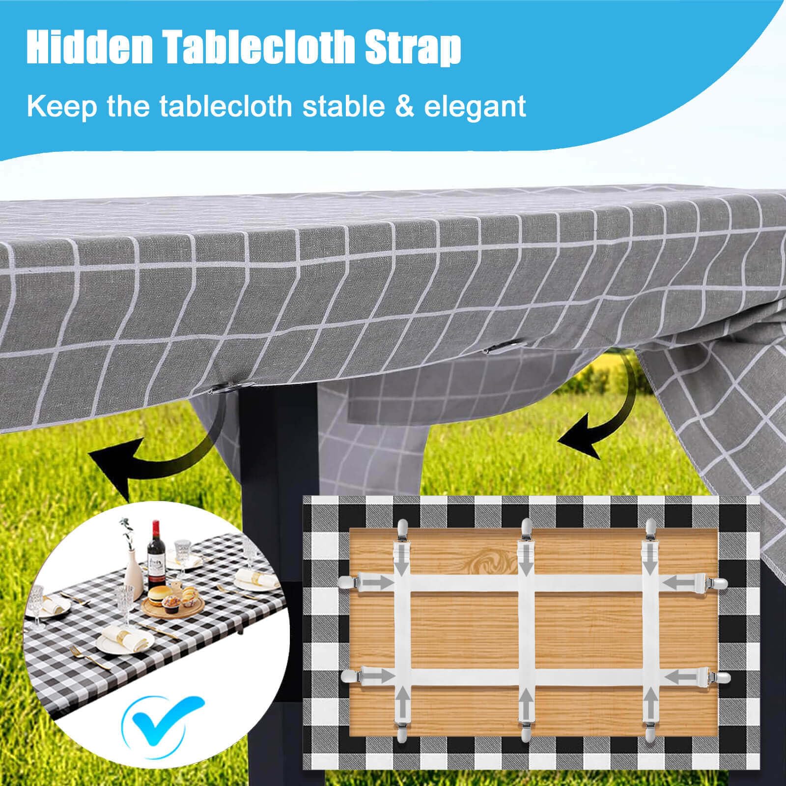 CUNGLIN adjustable elastic clip holding a round tablecloth