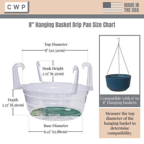 Curtis Wagner drip pan, clear round, protects floors from water spills under hanging plants.