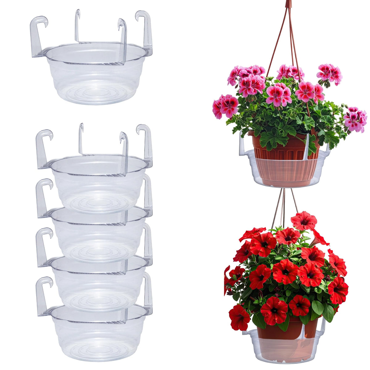 Curtis Wagner Plastics drip pan under a hanging basket showing improved drainage