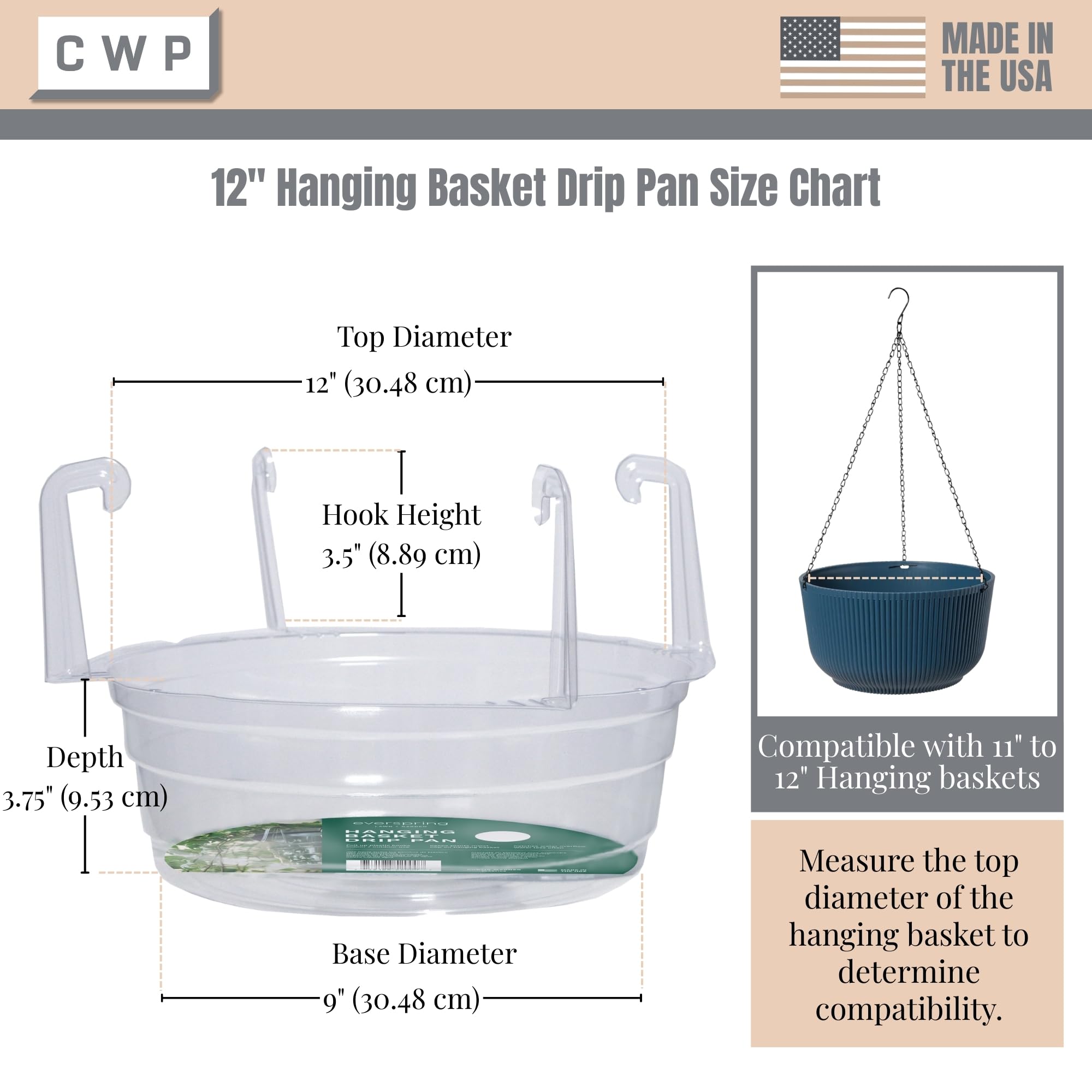 Clear round drip pan with built-in hooks for secure installation under a basket