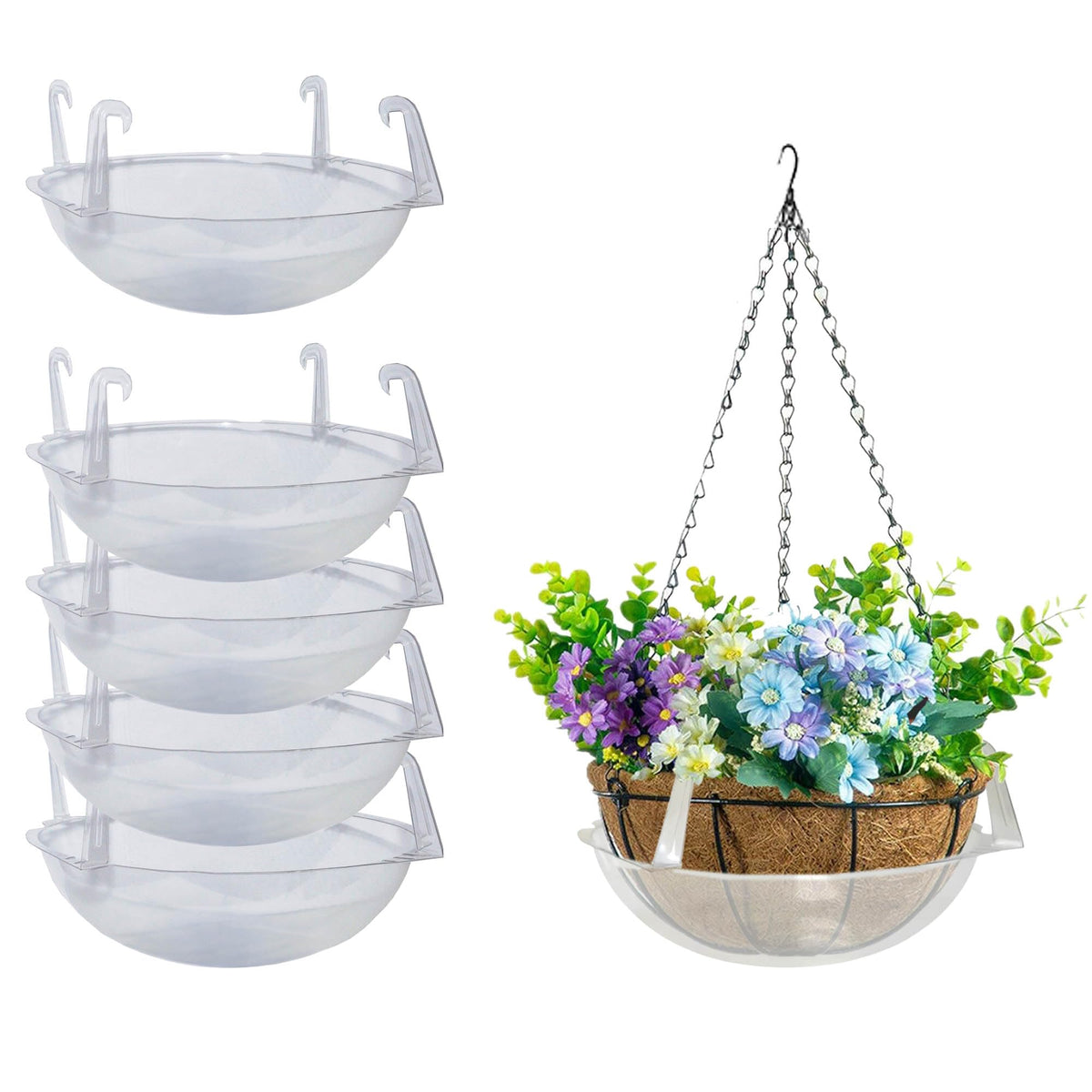 Curtis Wagner Plastics wire coco hanging basket drip pan, clear round top, protects floors from spills.