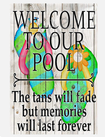 Cusde pool sign with welcome message in retro tin style for outdoor decor