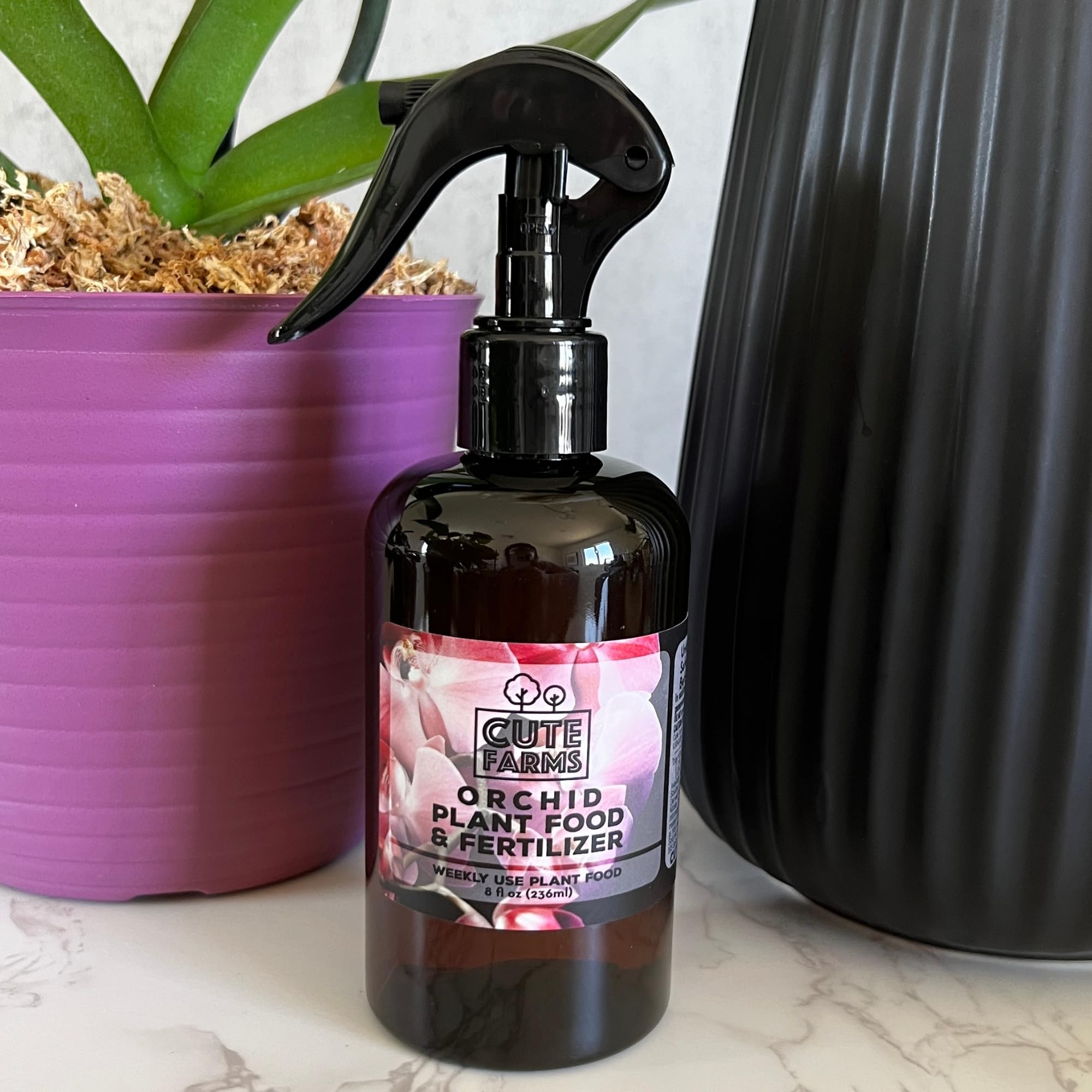Leak-proof cap on Cute Farms Orchid Fertilizer Mist bottles prevents spills.