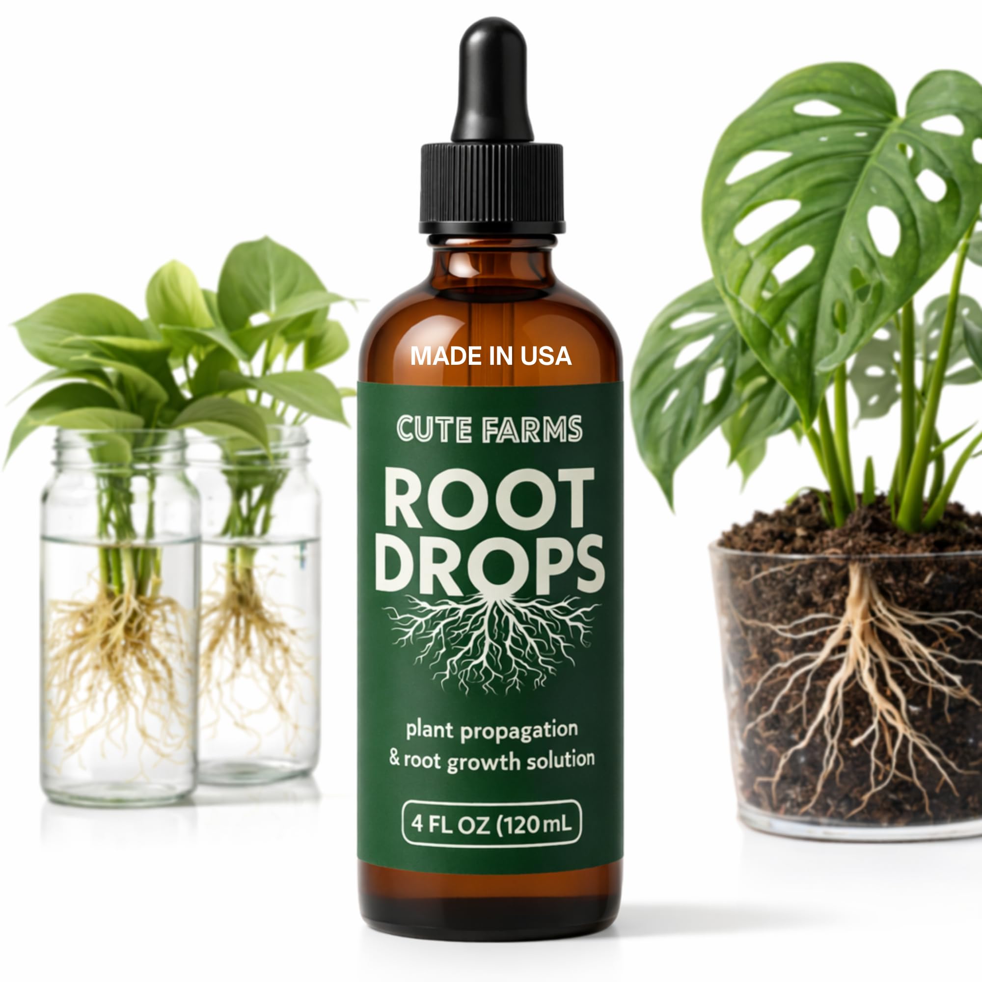 Cute Farms Root Drops bottle close-up highlighting the rooting booster