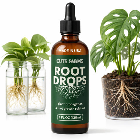 Cute Farms Root Drops bottle close-up highlighting the rooting booster