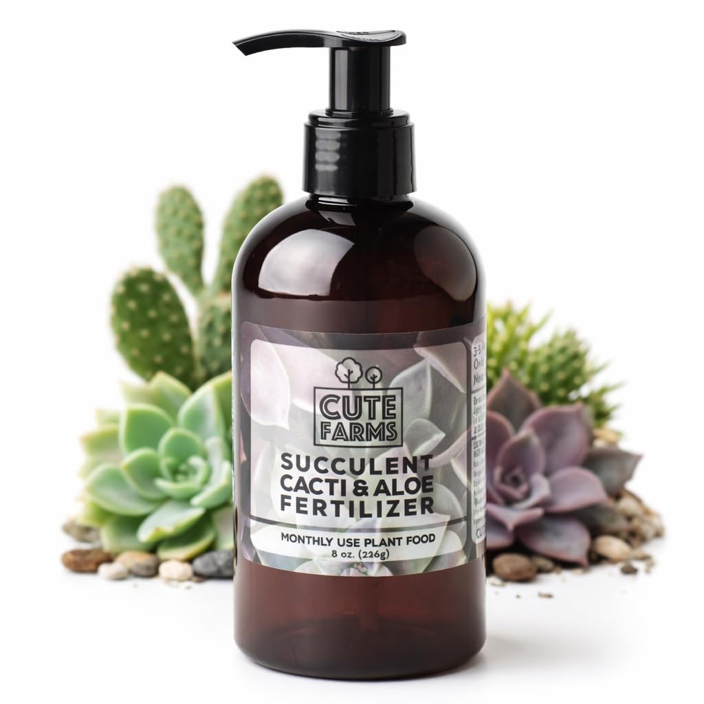 Cute Farms succulent fertilizer bottle enables easy monthly feeding for thriving succulents.