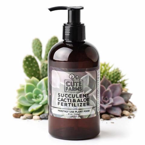 Cute Farms succulent fertilizer bottle enables easy monthly feeding for thriving succulents.
