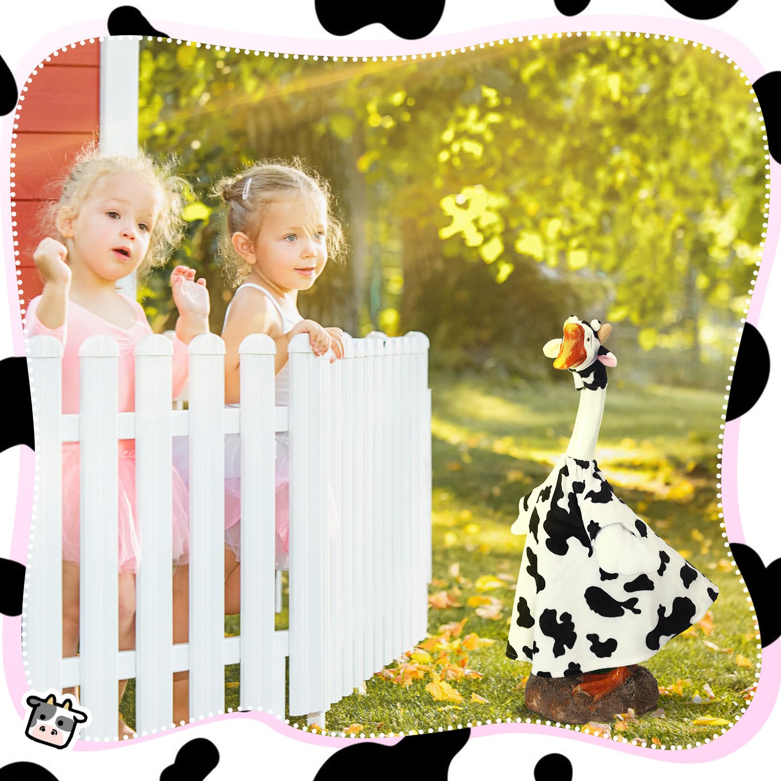 Cutecrop cow-goose costume enhances cement lawn statue with whimsy.