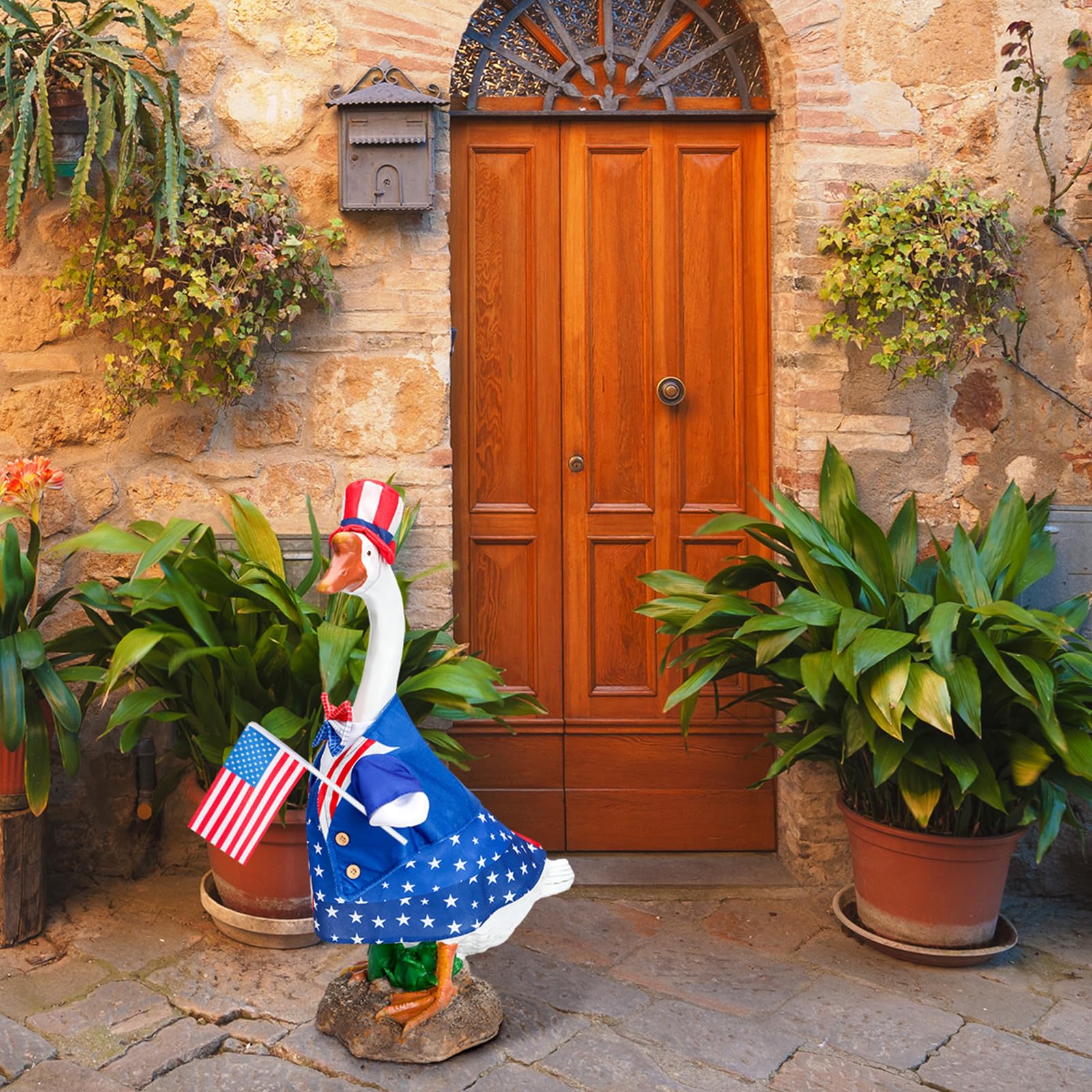 Durable cloth construction protects the goose outfit from sun and weather