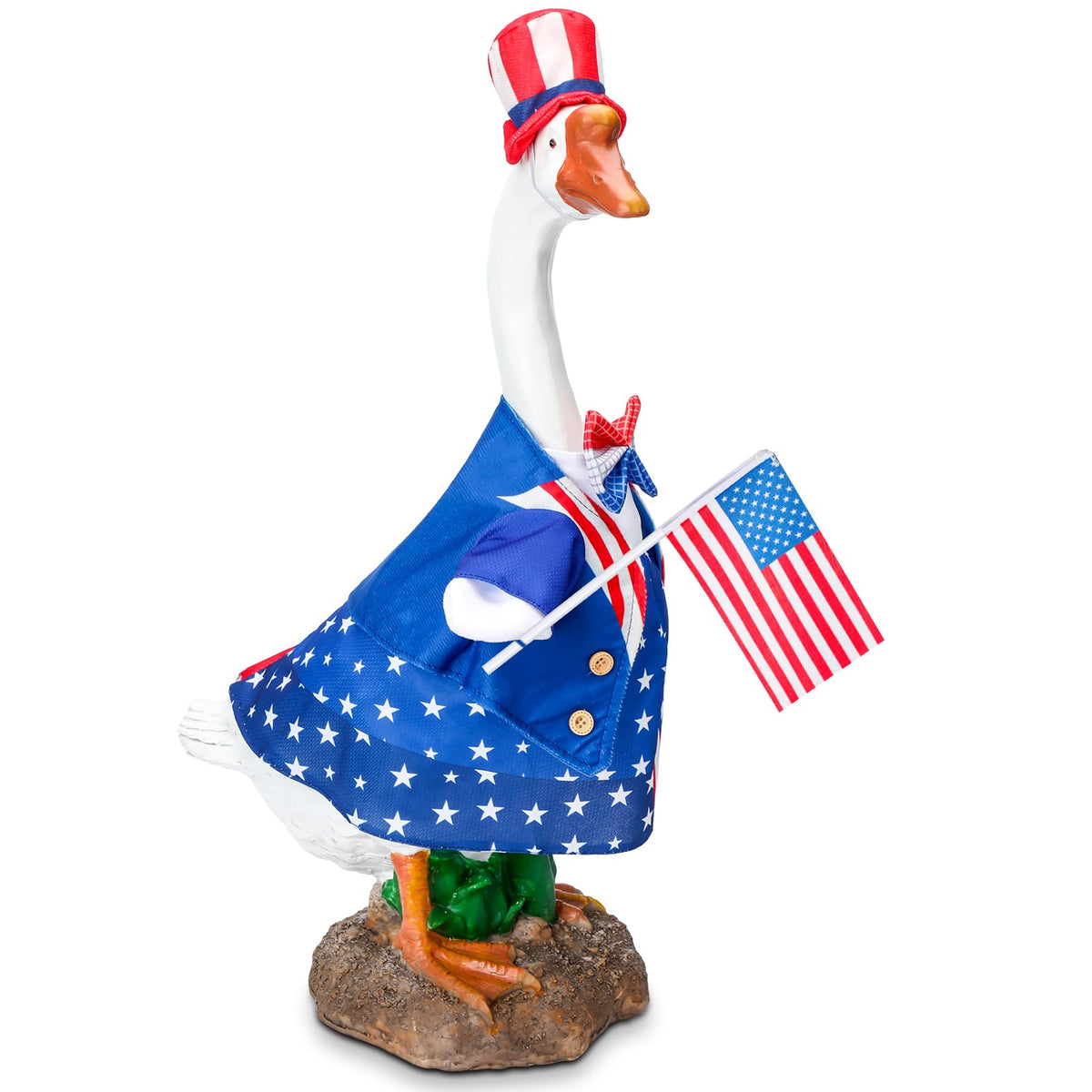 Cutecrop flag goose outfit on a 23-inch statue for Independence Day decor