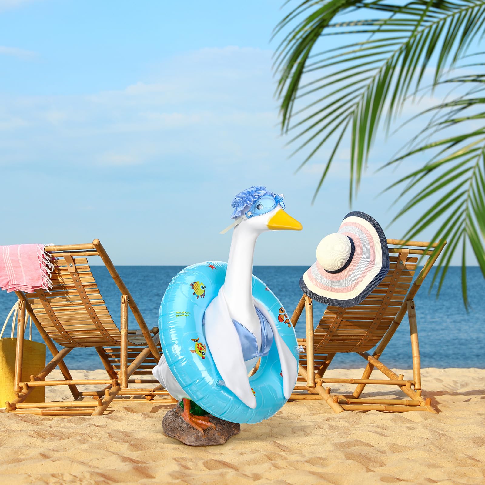 Cutecrop-goose-costume-display on the porch adds playful color to garden decor