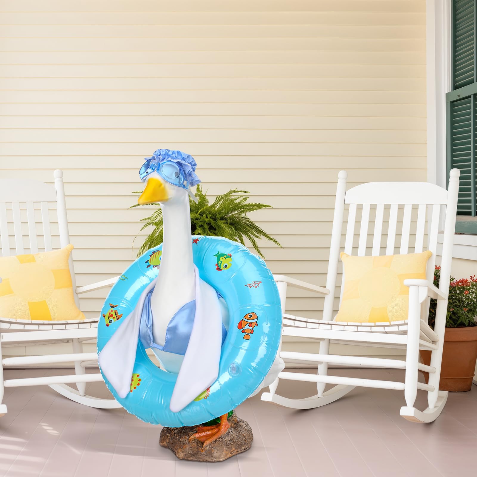 Cutecrop porch-garden-goose-outfit-on-statue demonstrates creative styling for garden parties