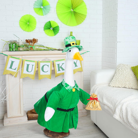 Cutecrop St. Patrick's Day goose outfit back view highlights durable fabric for weather-ready decor.