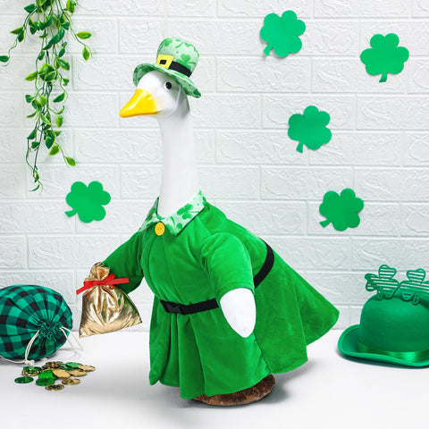 Cutecrop goose outfit detail shows sturdy cloth and precise shamrock design.