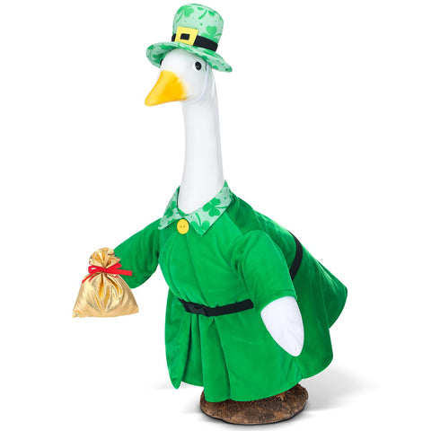 Cutecrop St Patrick's Day goose outfit, front view, boosts curb appeal on a 23-inch lawn goose.