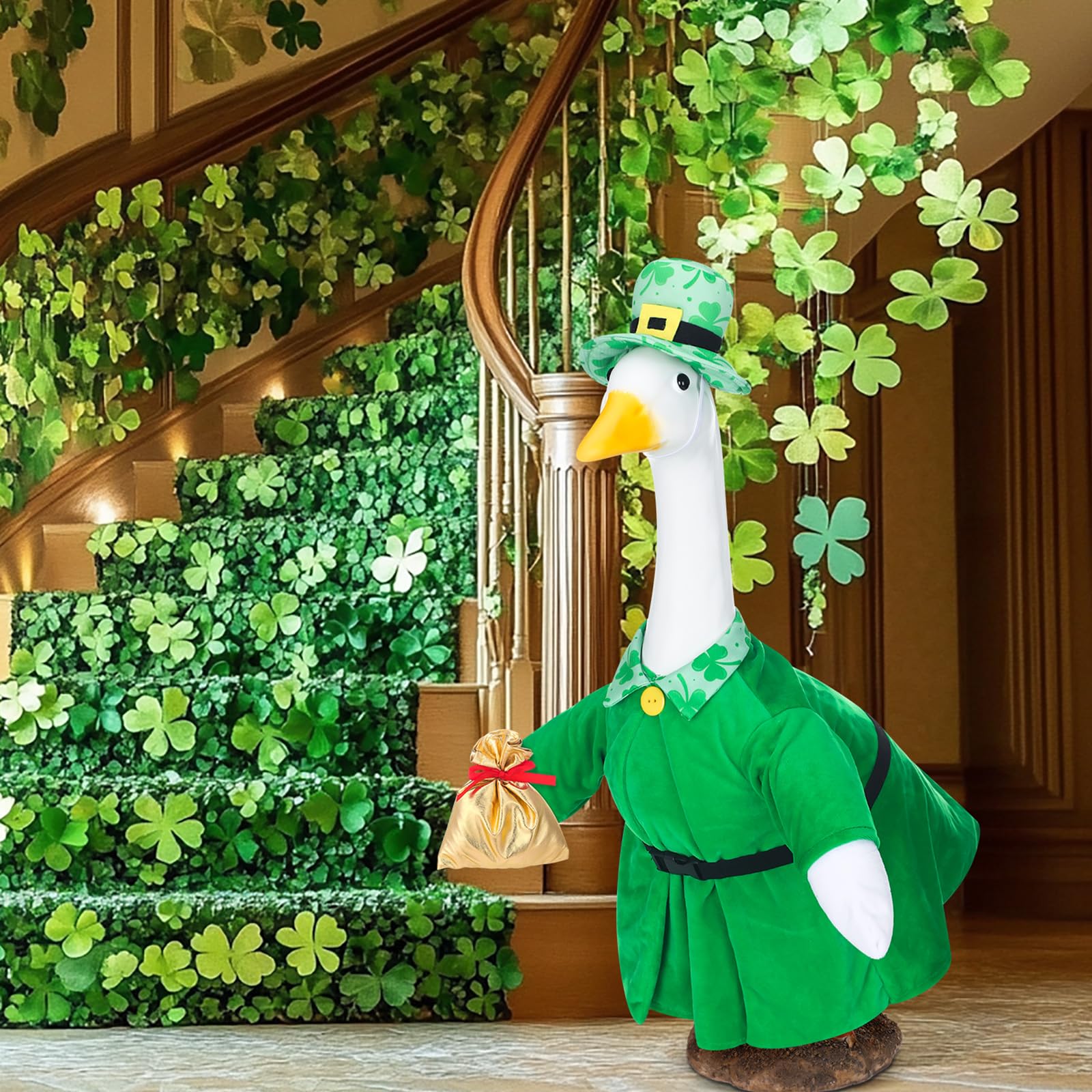 Cutecrop St. Patrick's Day goose outfit on garden display enhances yard atmosphere.