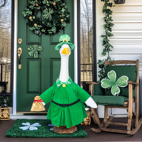 Cutecrop goose outfit side view reveals vibrant shamrocks for festive outdoor charm.
