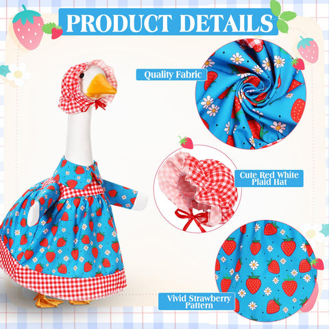 Cutecrop goose outfit blue fabric showcases vivid strawberry design.