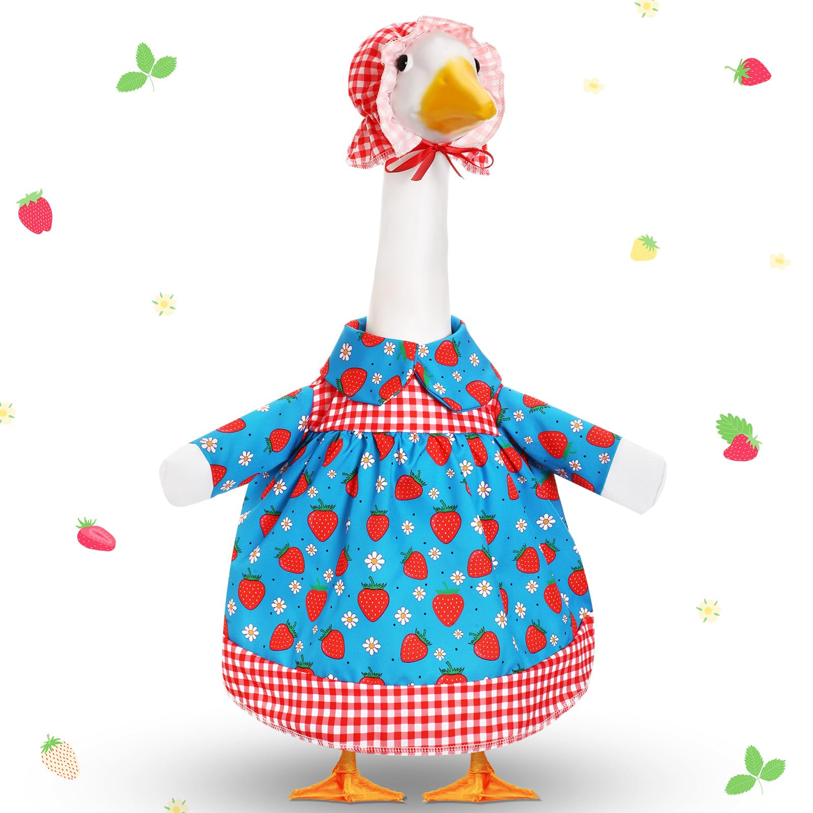 Cutecrop strawberry goose outfit skirt on lawn statue adds festive charm.