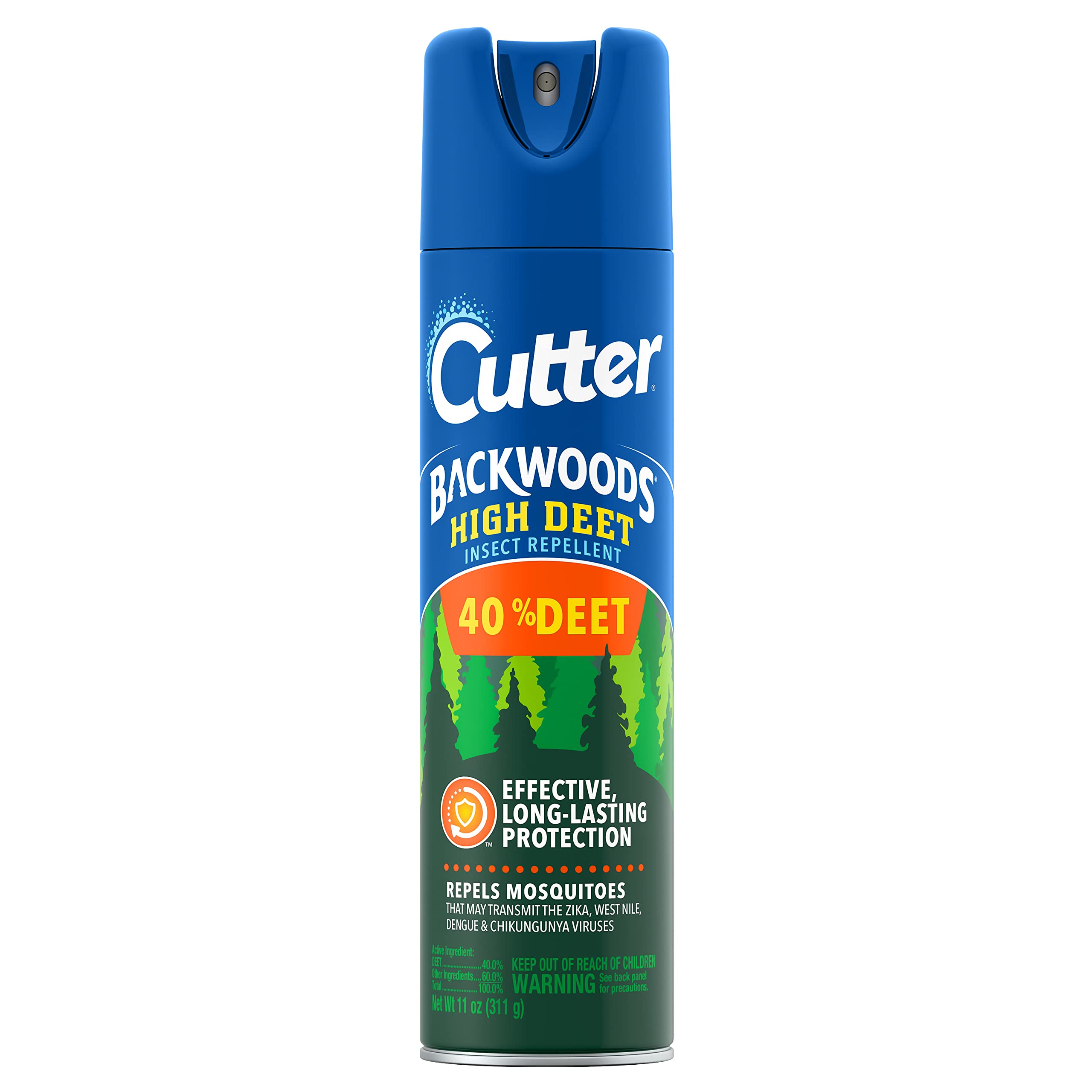 Cutter Backwoods 40% DEET aerosol can for long-lasting outdoor protection.