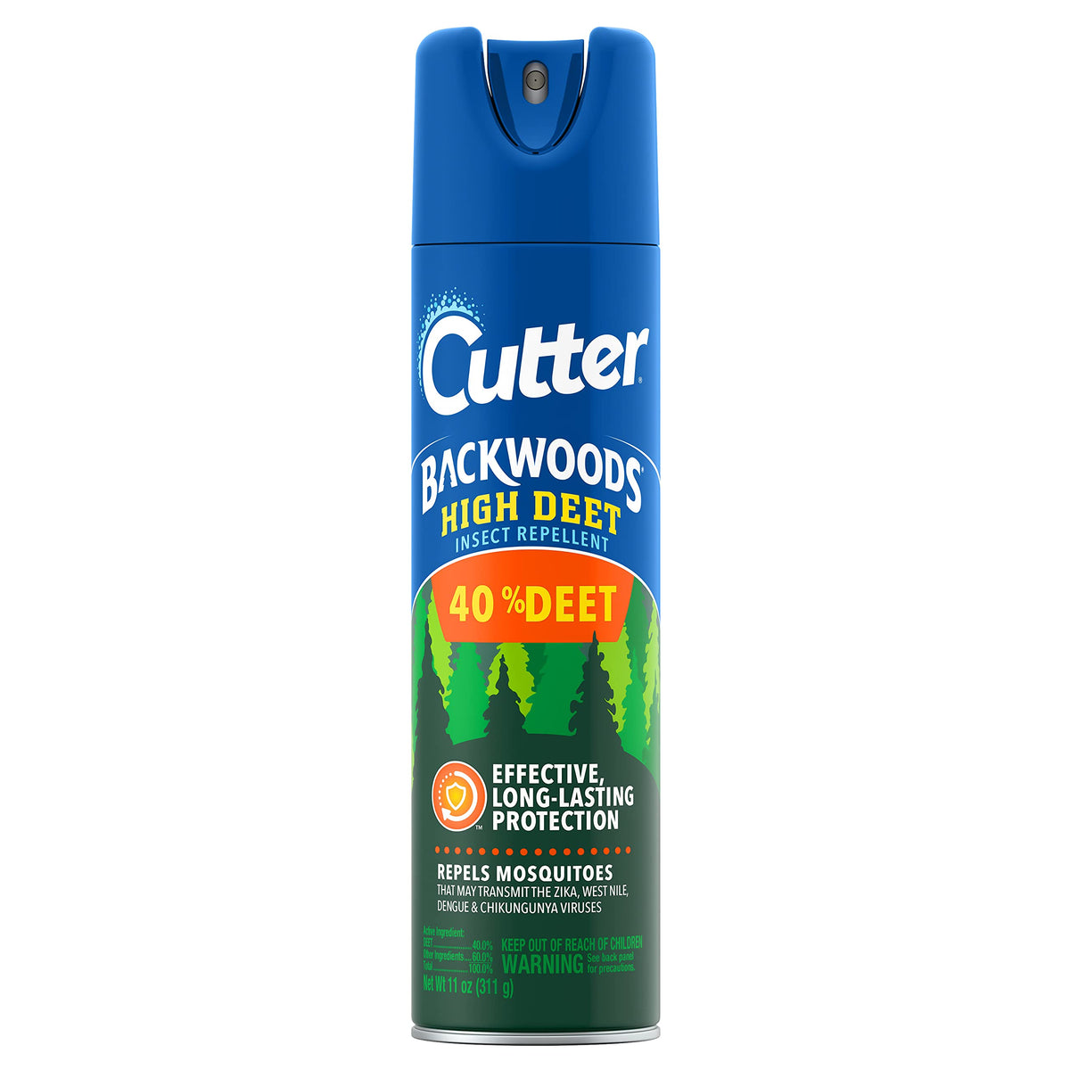 Cutter Backwoods 40% DEET aerosol can for long-lasting outdoor protection.