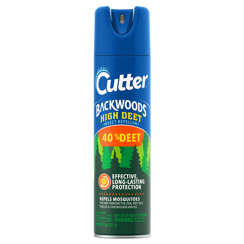 Cutter Backwoods 40% DEET aerosol can for long-lasting outdoor protection.