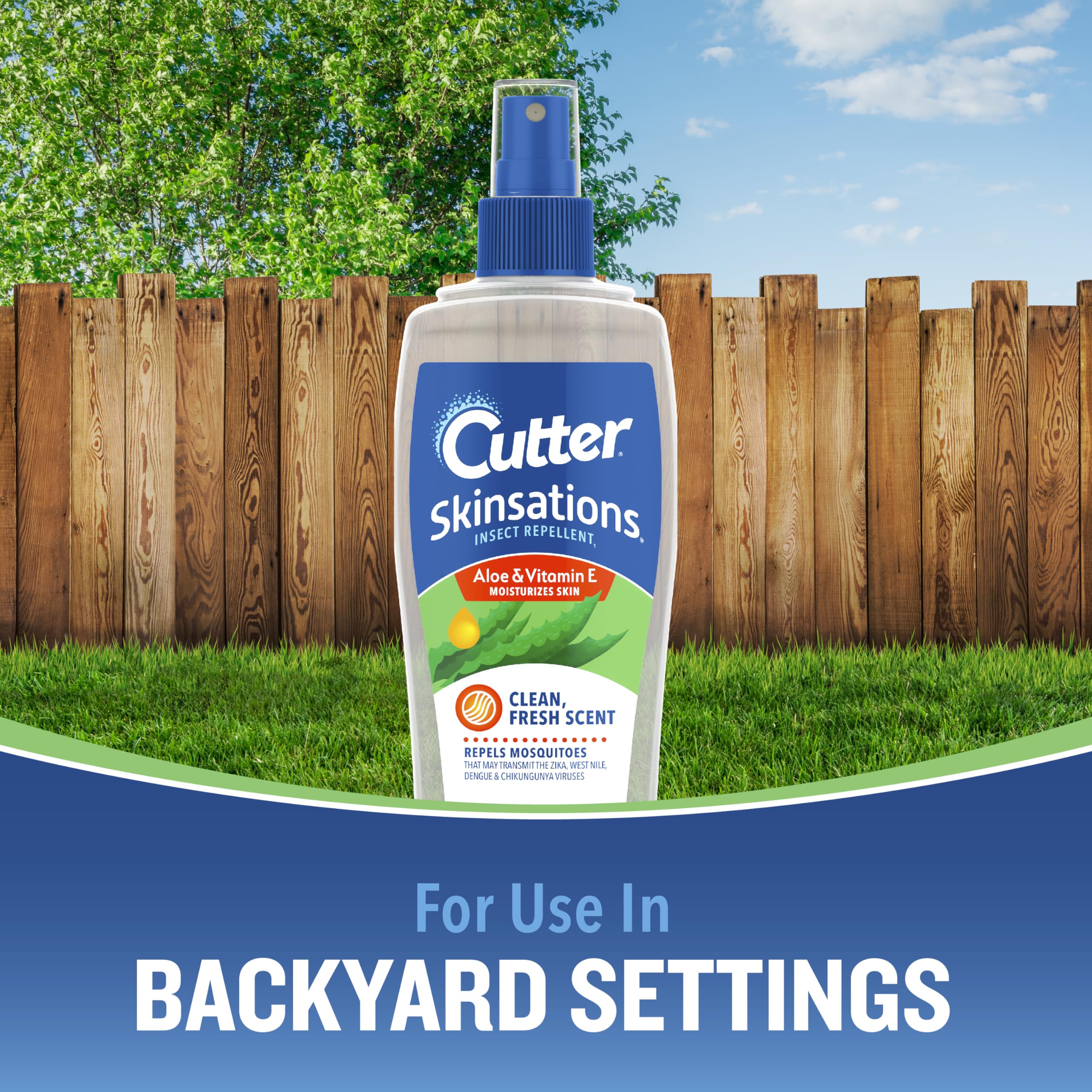Cutter Skinsations Aloe and Vitamin E illustration emphasizes skin-friendliness.