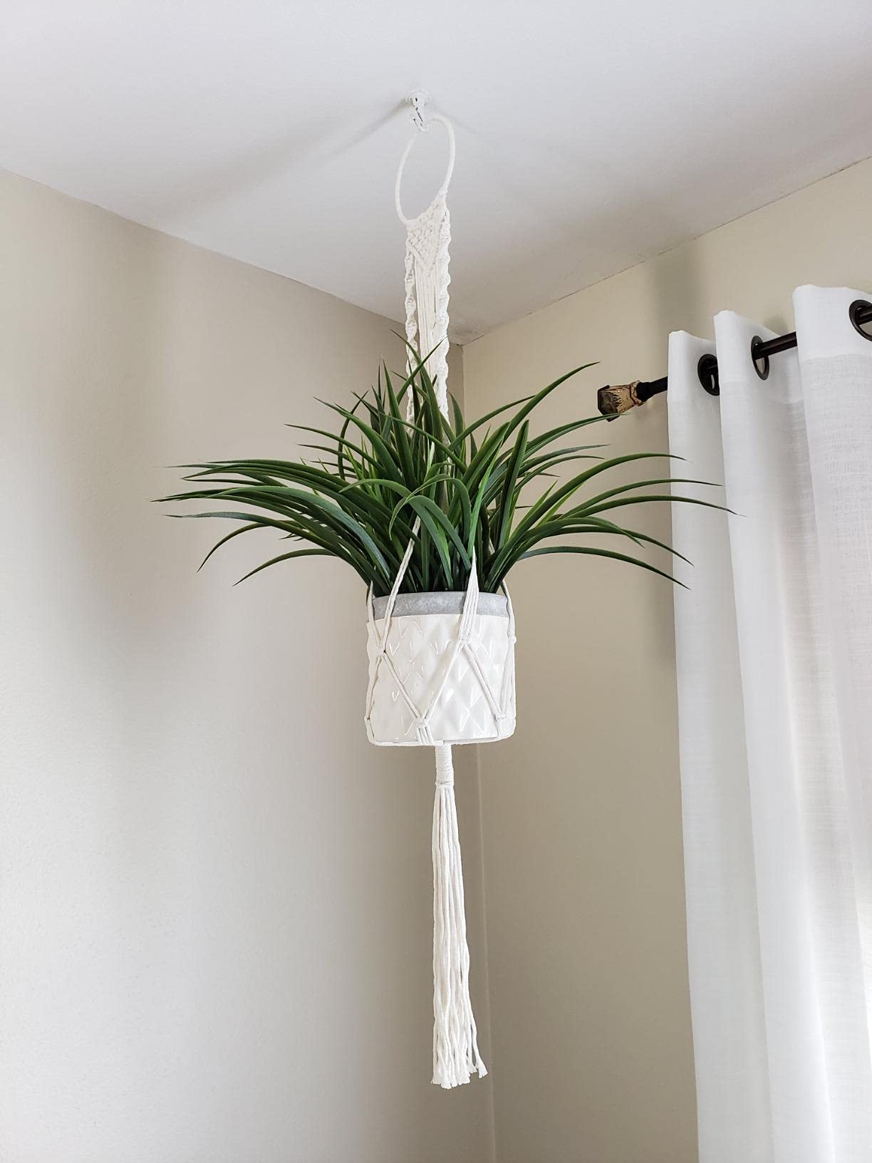 Cuttte macrame decor enhances a cozy, greenery-forward room.
