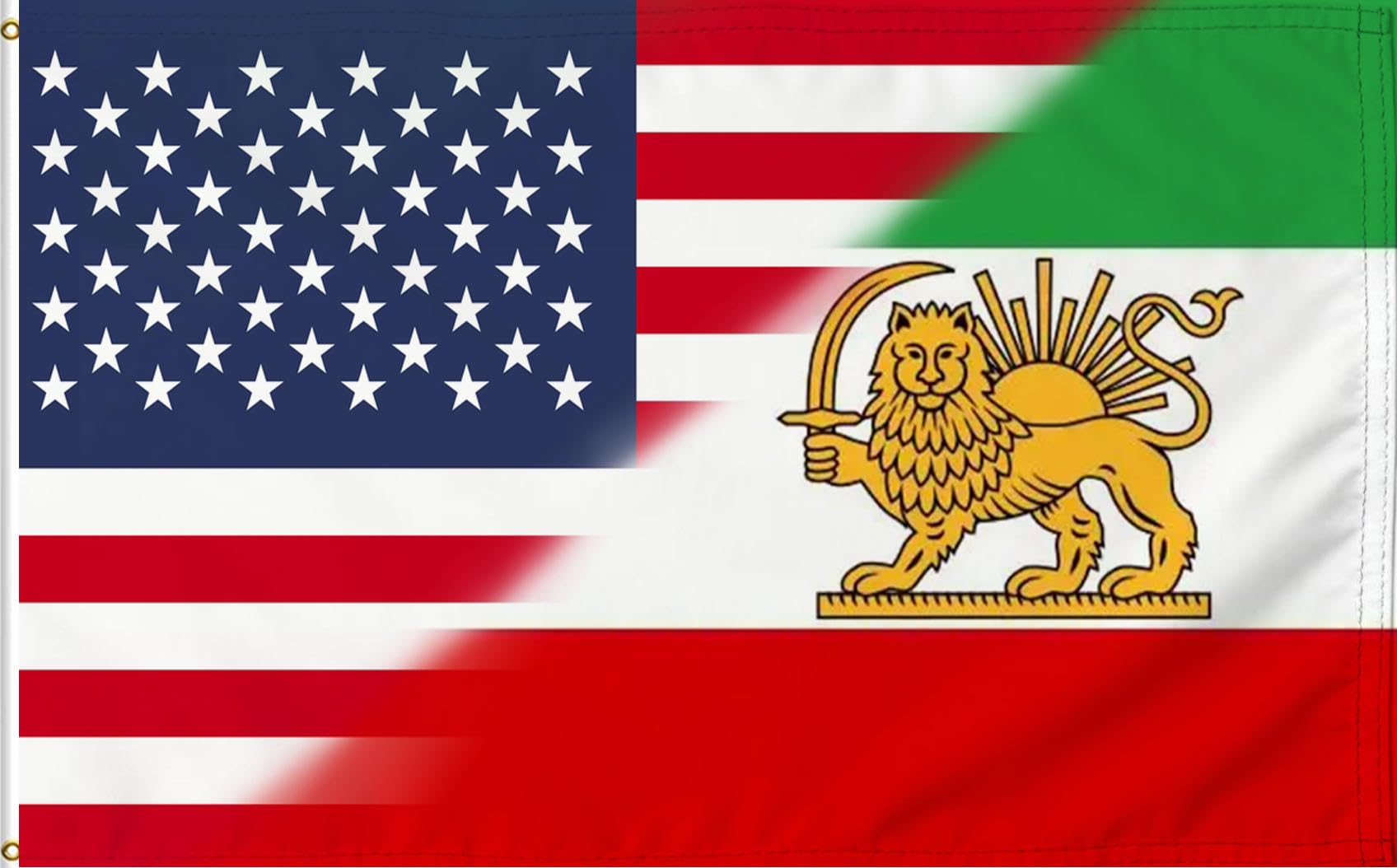 CVALTIVF US-Iran flag with sun-lion emblem and vibrant, fade-resistant print for outdoor use.