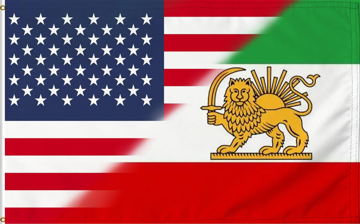 CVALTIVF US-Iran flag with sun-lion emblem and vibrant, fade-resistant print for outdoor use.
