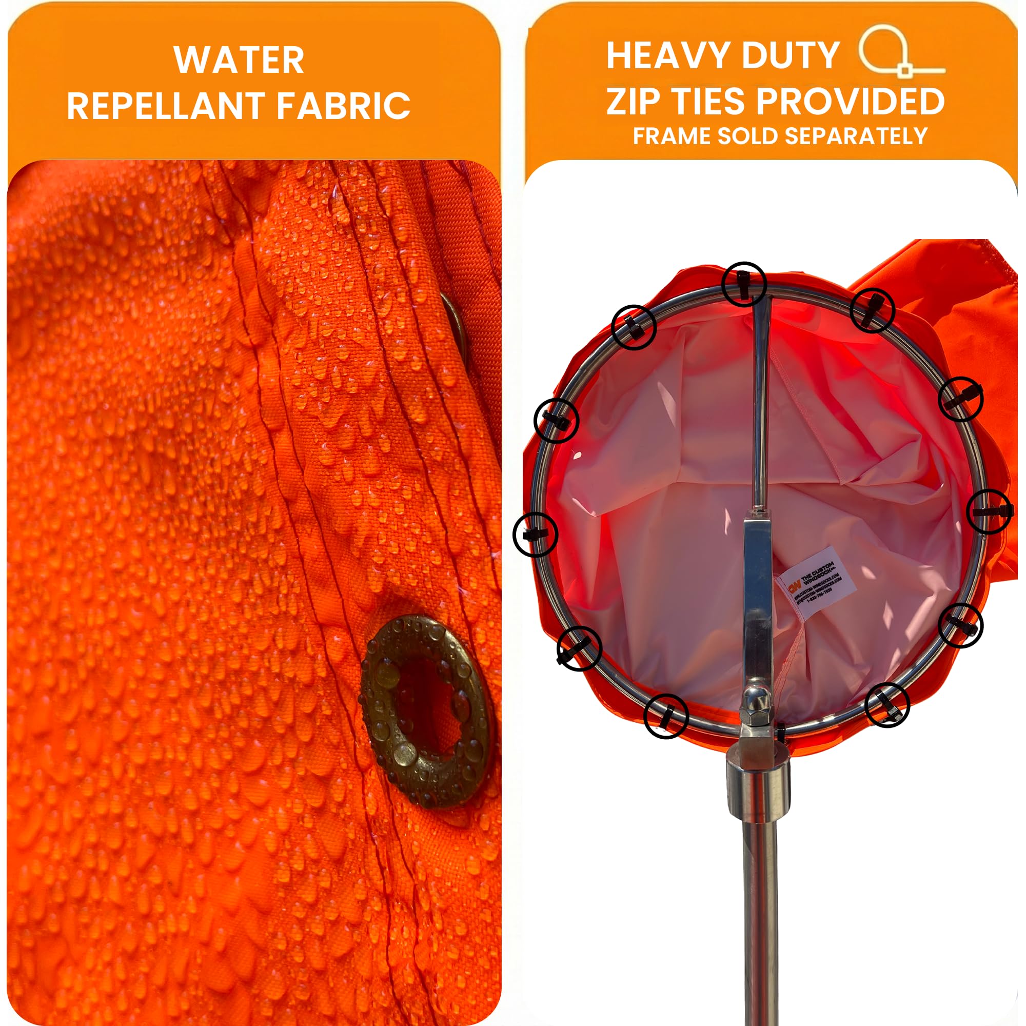 CW The Custom Windsock Co. quad-stitched inlet and outlet enhance durability against tearing.