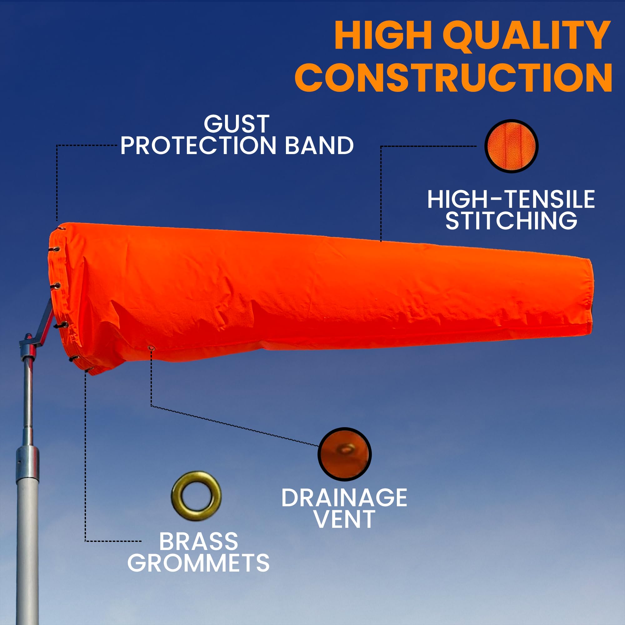 CW The Custom Windsock Co. UV-protected fluorescent orange stays bright under sun exposure.