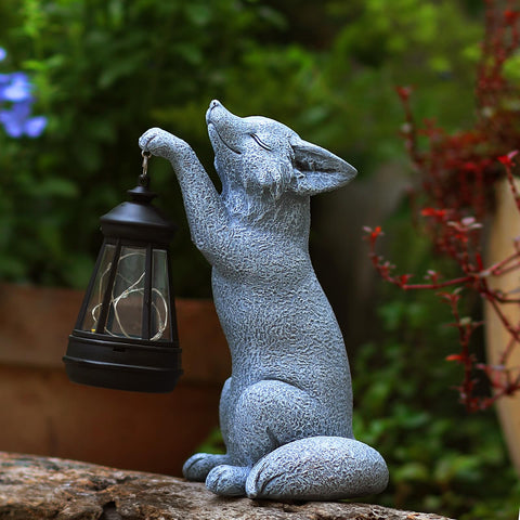 CXYCzsbj Porch fox statue creates inviting evening ambience.