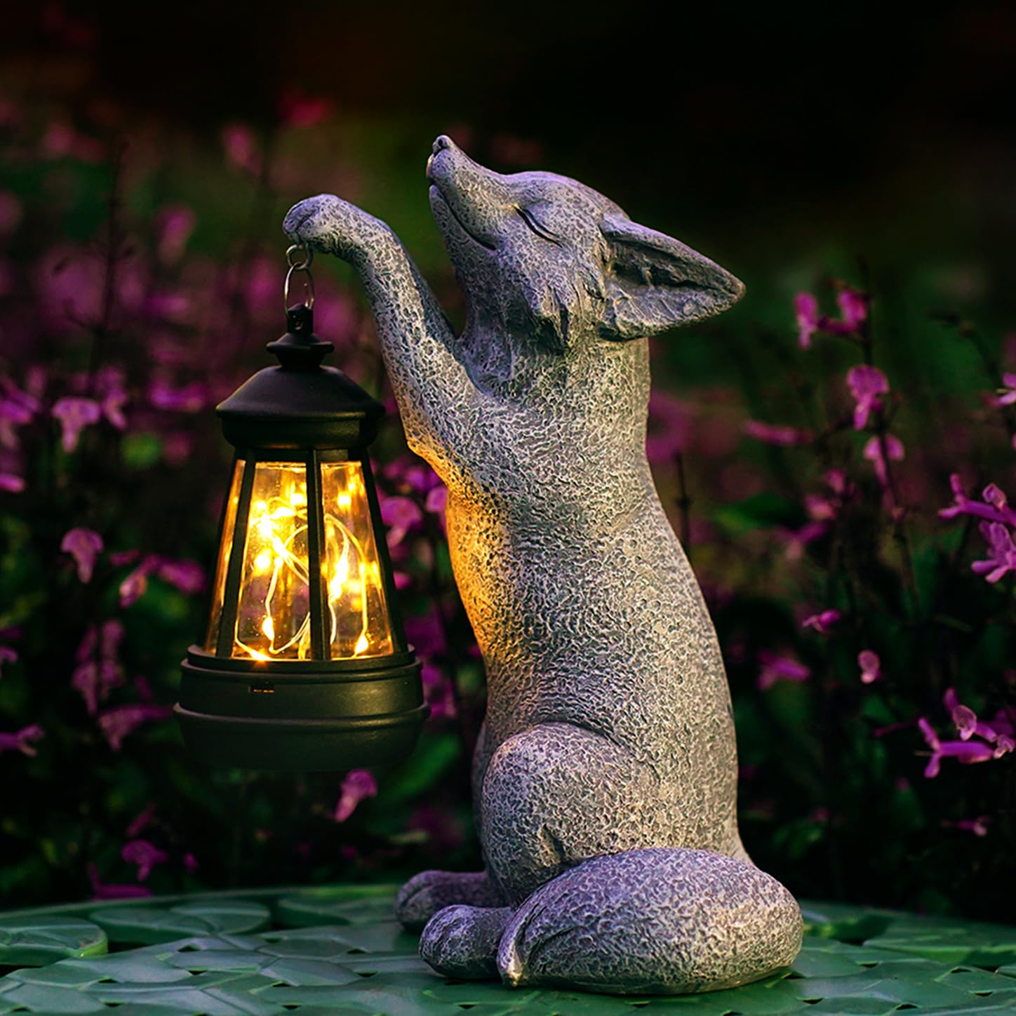CXYCzsbj Fox garden statue with solar lamp adds warm outdoor glow.
