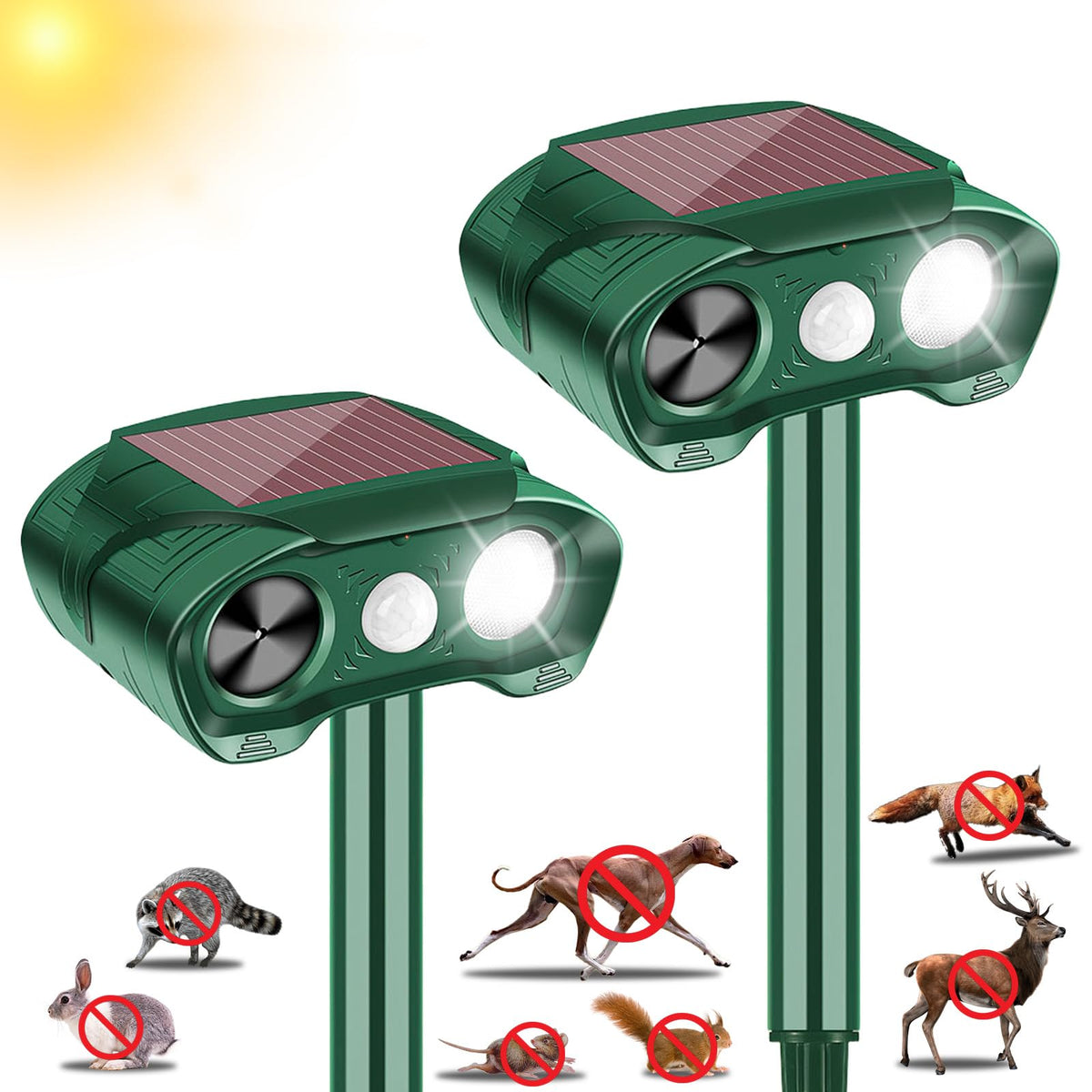 CXIENAOY solar ultrasonic animal repeller front view for humane garden protection