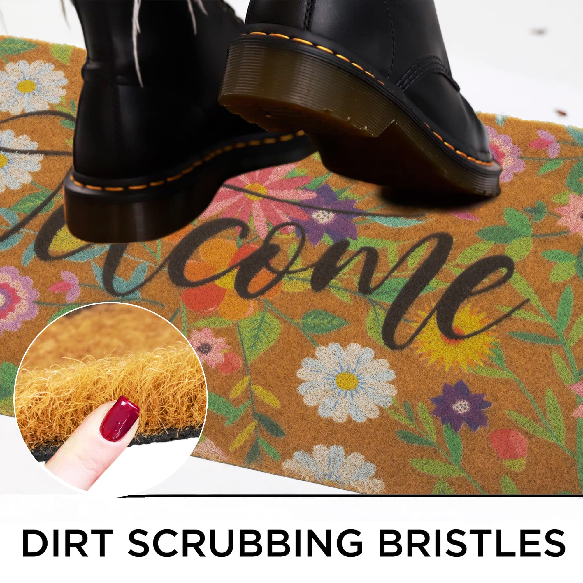 CXQRR Floral Welcome Mat with stiff bristles scrapes dirt and dries fast.