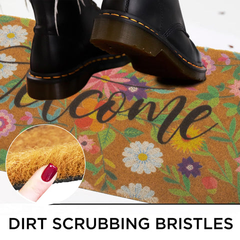 CXQRR Floral Welcome Mat with stiff bristles scrapes dirt and dries fast.