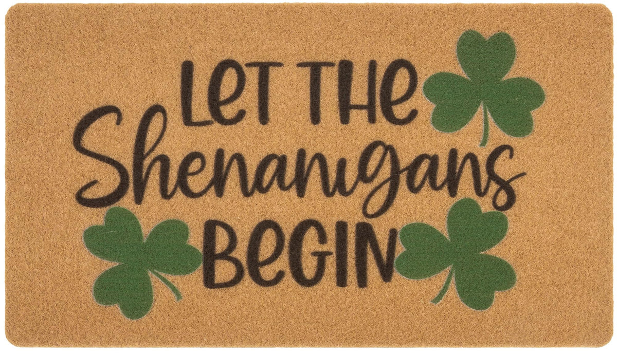 CXQRR door mat with green shamrocks greets guests outdoors